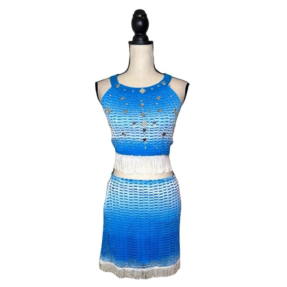 Vintage Jubilee Blue Western Fringe Rhinestone Skirt + Top Set Size Medium